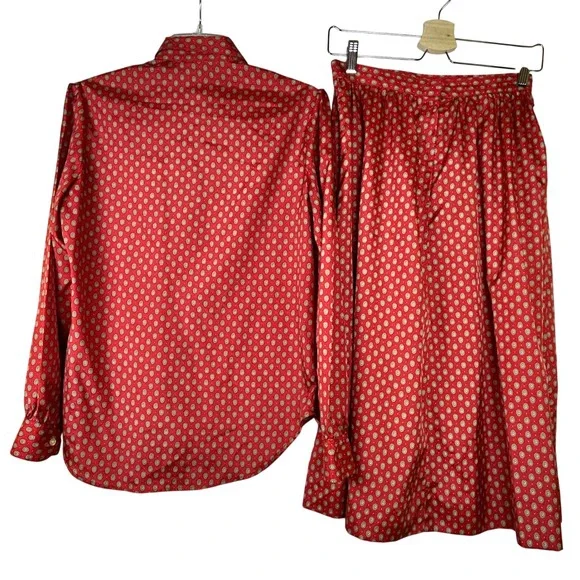 Vintage The Villager Red Floral Button Up Shirt & Skirt Set Sz 12 Union Made USA - Picture 2 of 8